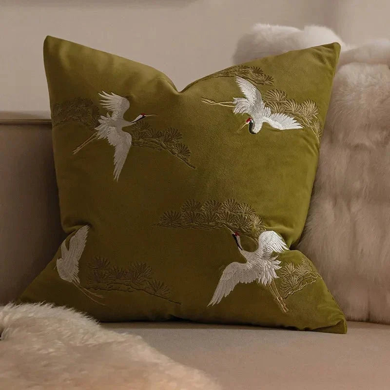 Embroidered Crane And Pine Square Throw Pillow Cover