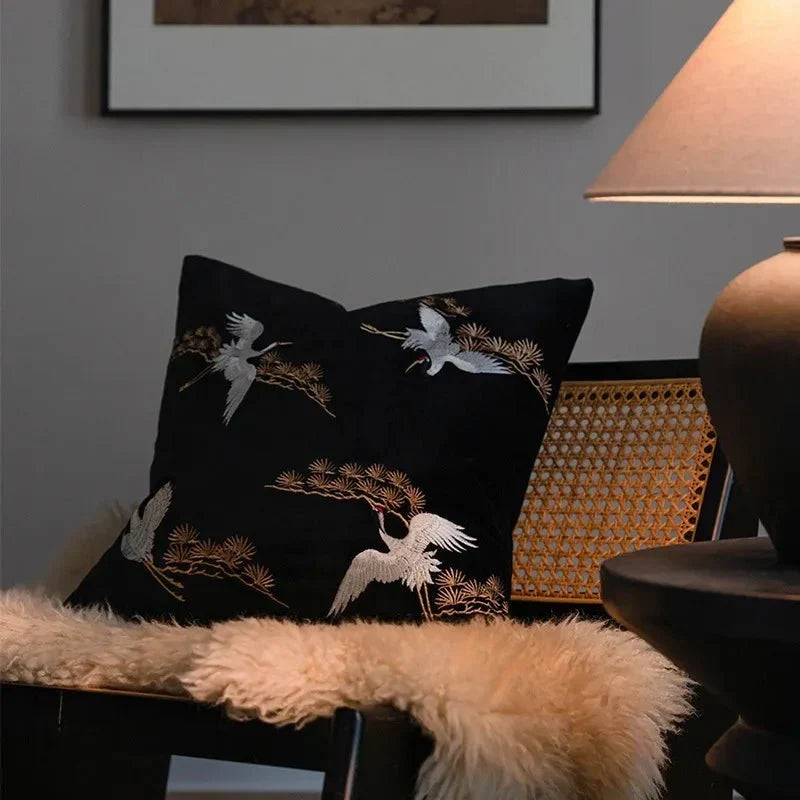 Embroidered Crane And Pine Square Throw Pillow Cover