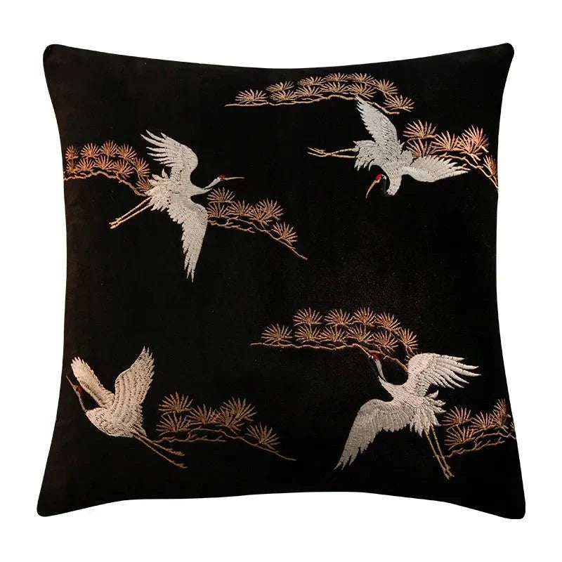 Embroidered Crane And Pine Square Throw Pillow Cover