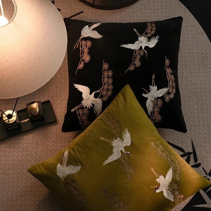 Embroidered Crane And Pine Square Throw Pillow Cover