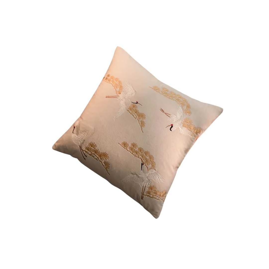 Embroidered Crane And Pine Square Throw Pillow Cover