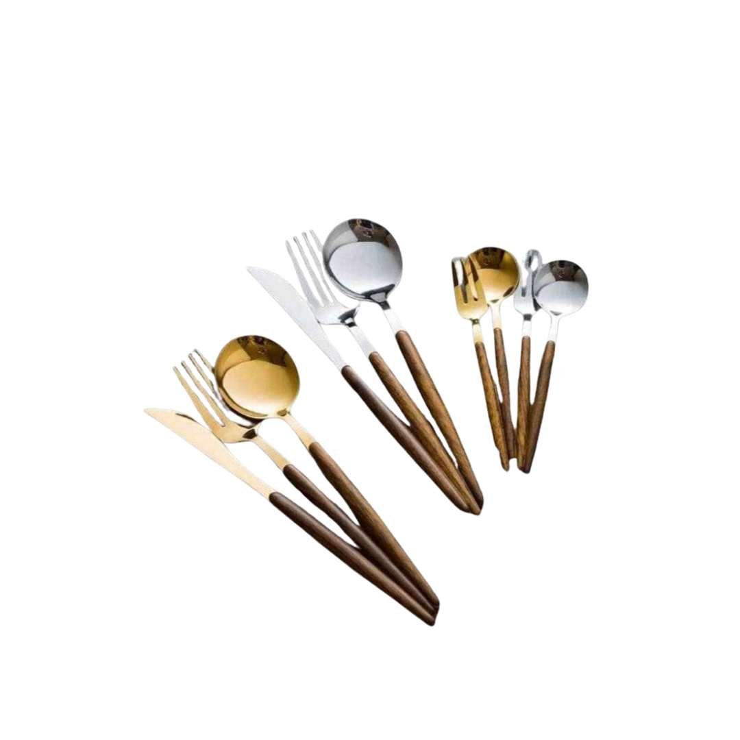 Polished Stainless Steel Wood Accent Handle Flatware Cutlery Set