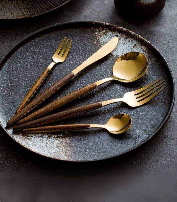 Polished Stainless Steel Wood Accent Handle Flatware Cutlery Set