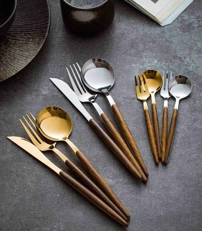 Polished Stainless Steel Wood Accent Handle Flatware Cutlery Set