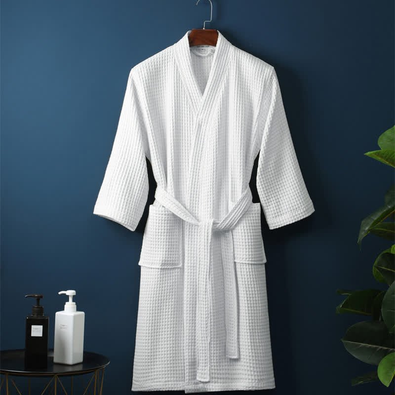 Lightweight Waffle Textured Cotton V-Neck Bathrobe With Adjustable Belt