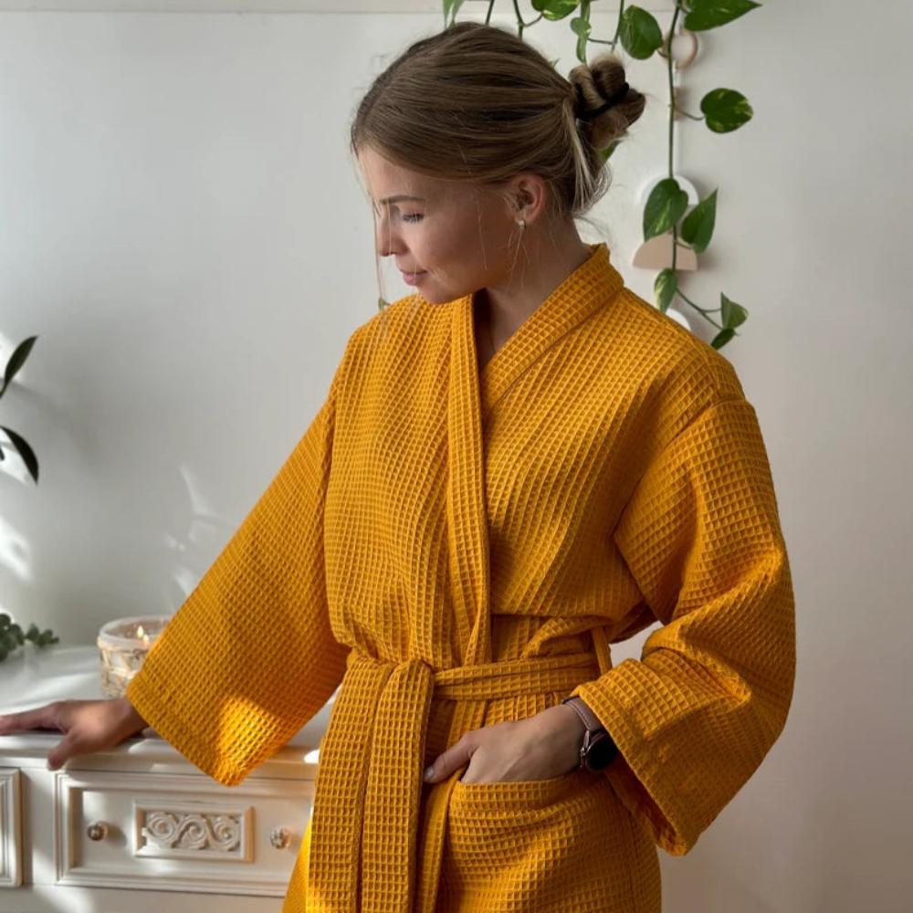 Lightweight Waffle Textured Cotton V-Neck Bathrobe With Adjustable Belt