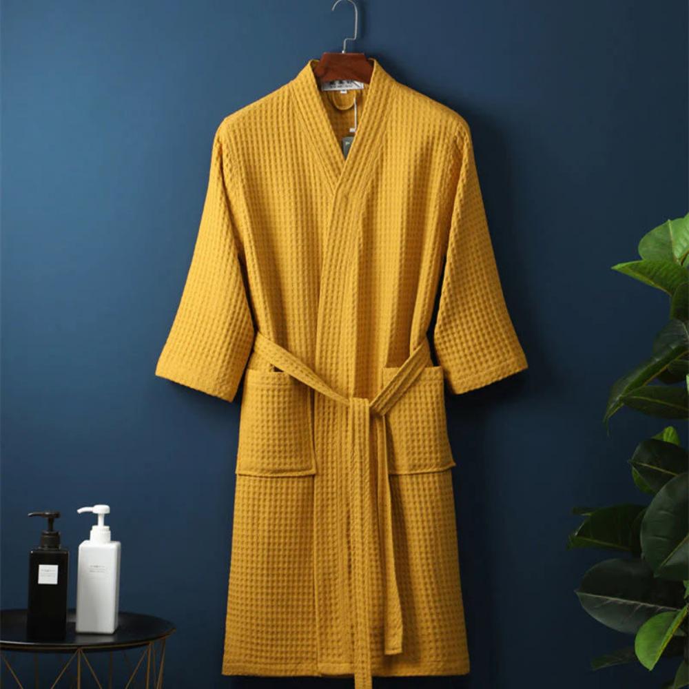 Lightweight Waffle Textured Cotton V-Neck Bathrobe With Adjustable Belt