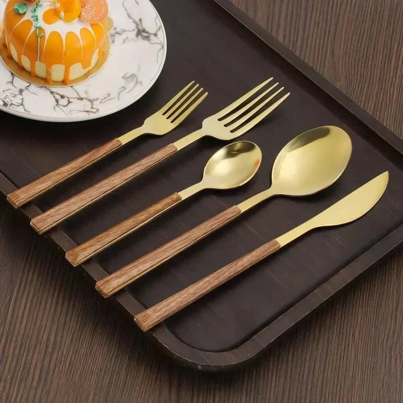 Elm Wood Handle Stainless Steel Kitchen Flatware Cutlery Set