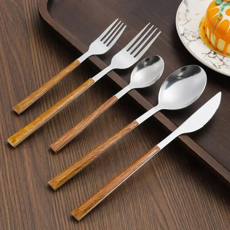 Elm Wood Handle Stainless Steel Kitchen Flatware Cutlery Set