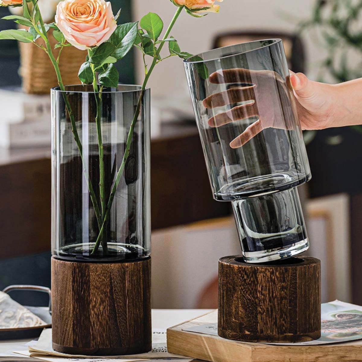 Natural Wood and Glass Contrast Flower Vase