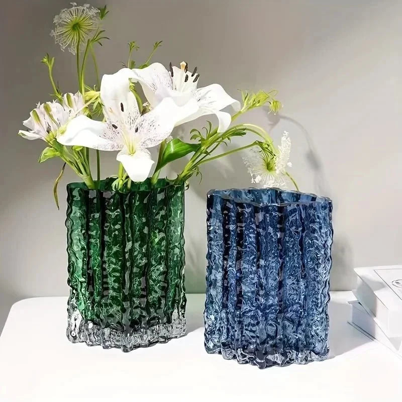 Frosted Textured Glass Sculpted Ice Effect Decorative Flower Vase