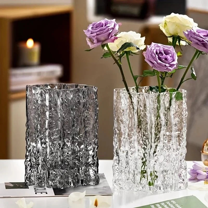 Frosted Textured Glass Sculpted Ice Effect Decorative Flower Vase