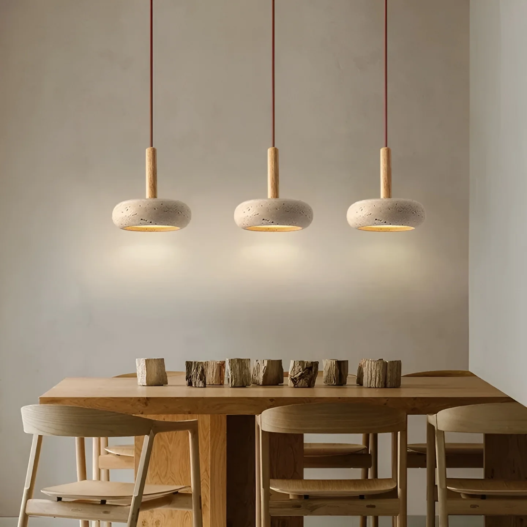 Japanese Stone Wood Cosmic Halo Adjustable Pendant Light