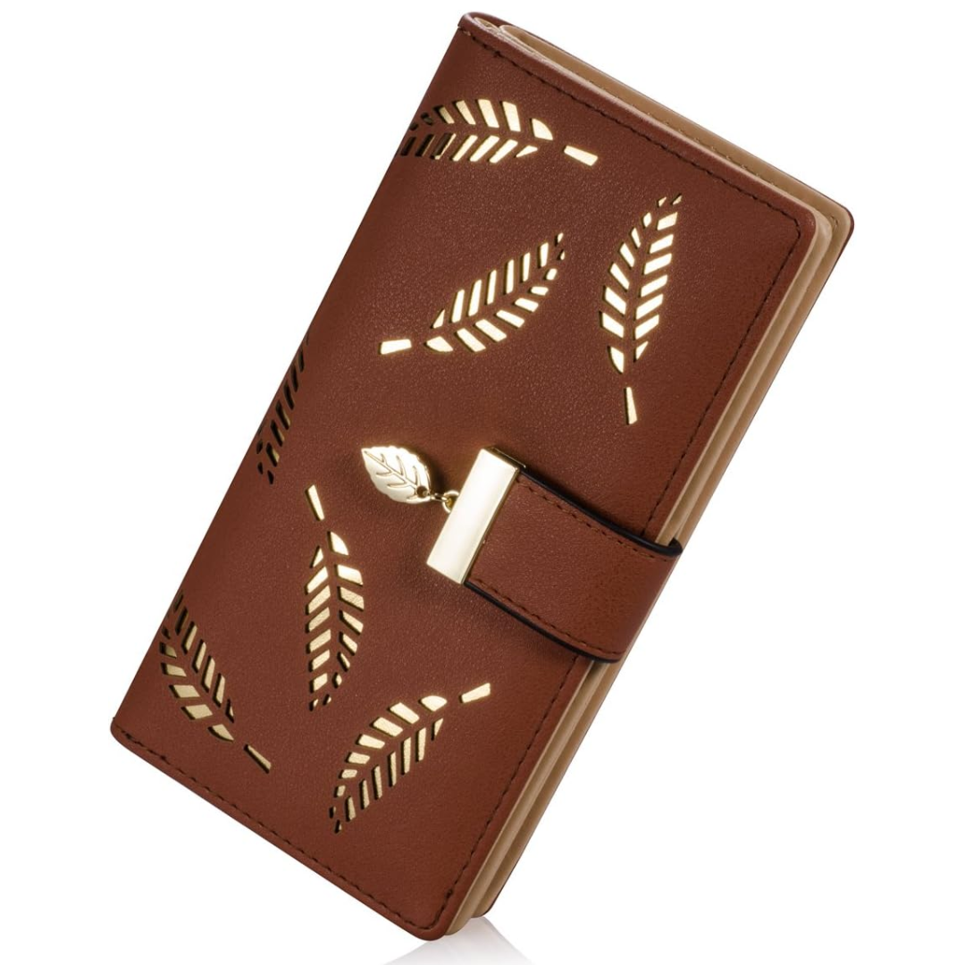 Slim Long Leaf Pattern Compact Leather Zip Pocket Wallet