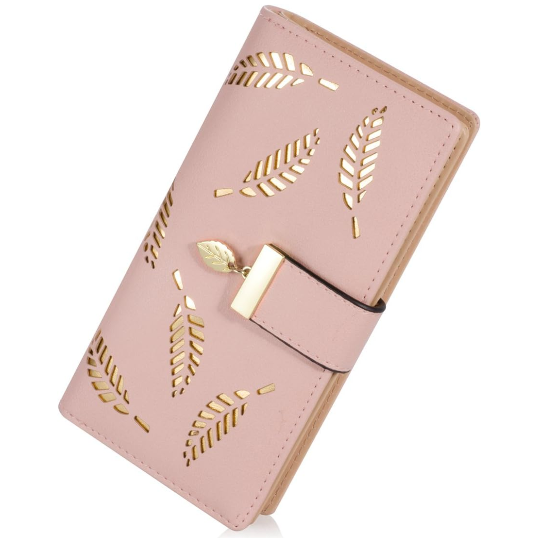 Slim Long Leaf Pattern Compact Leather Zip Pocket Wallet