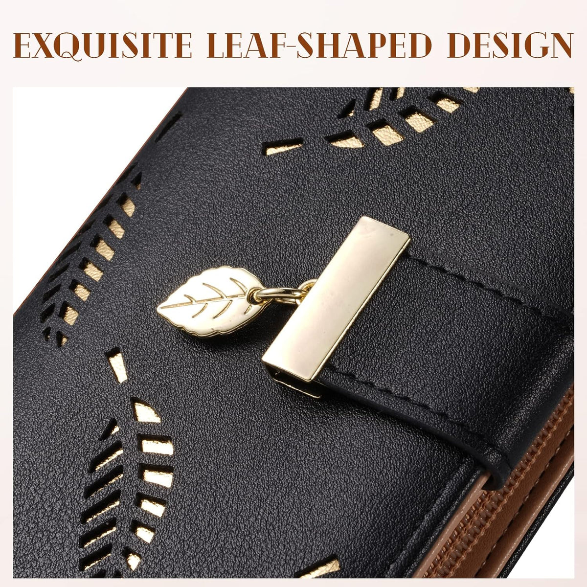 Slim Long Leaf Pattern Compact Leather Zip Pocket Wallet