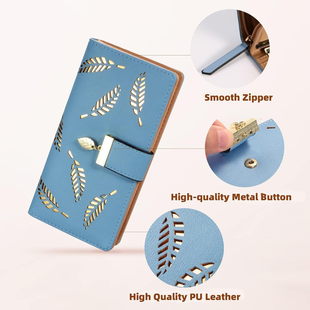 Slim Long Leaf Pattern Compact Leather Zip Pocket Wallet