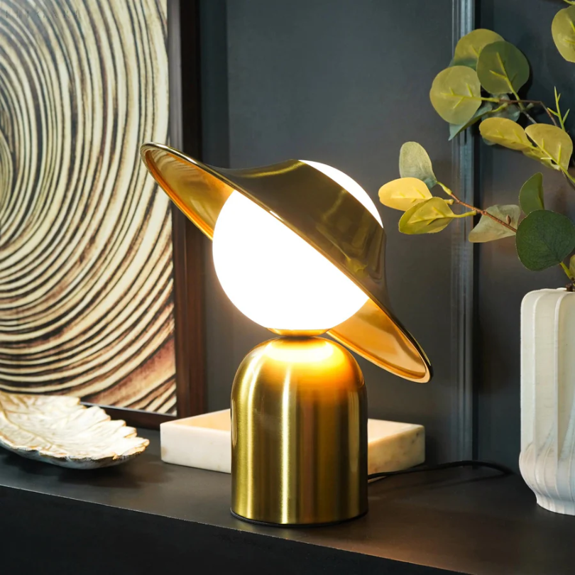 Sleek Gold-Colored Tilted Head Metal Warm Glow Table Lamp