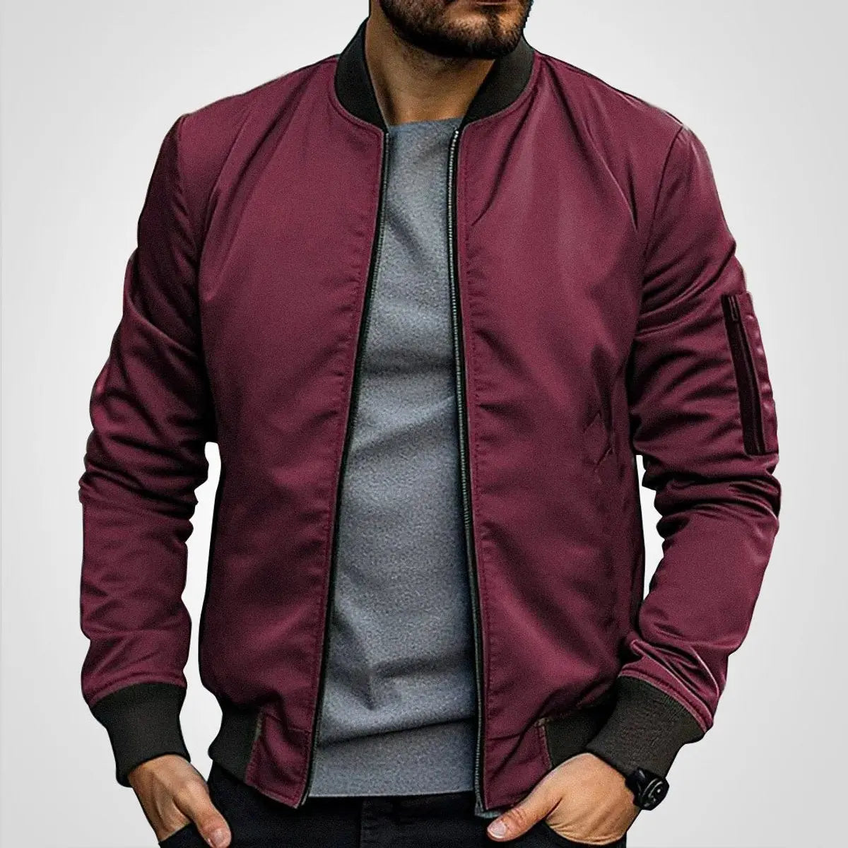 Mens Bomber Jacket Classic Zip-Up Ribbed Collar Flight Jacket
