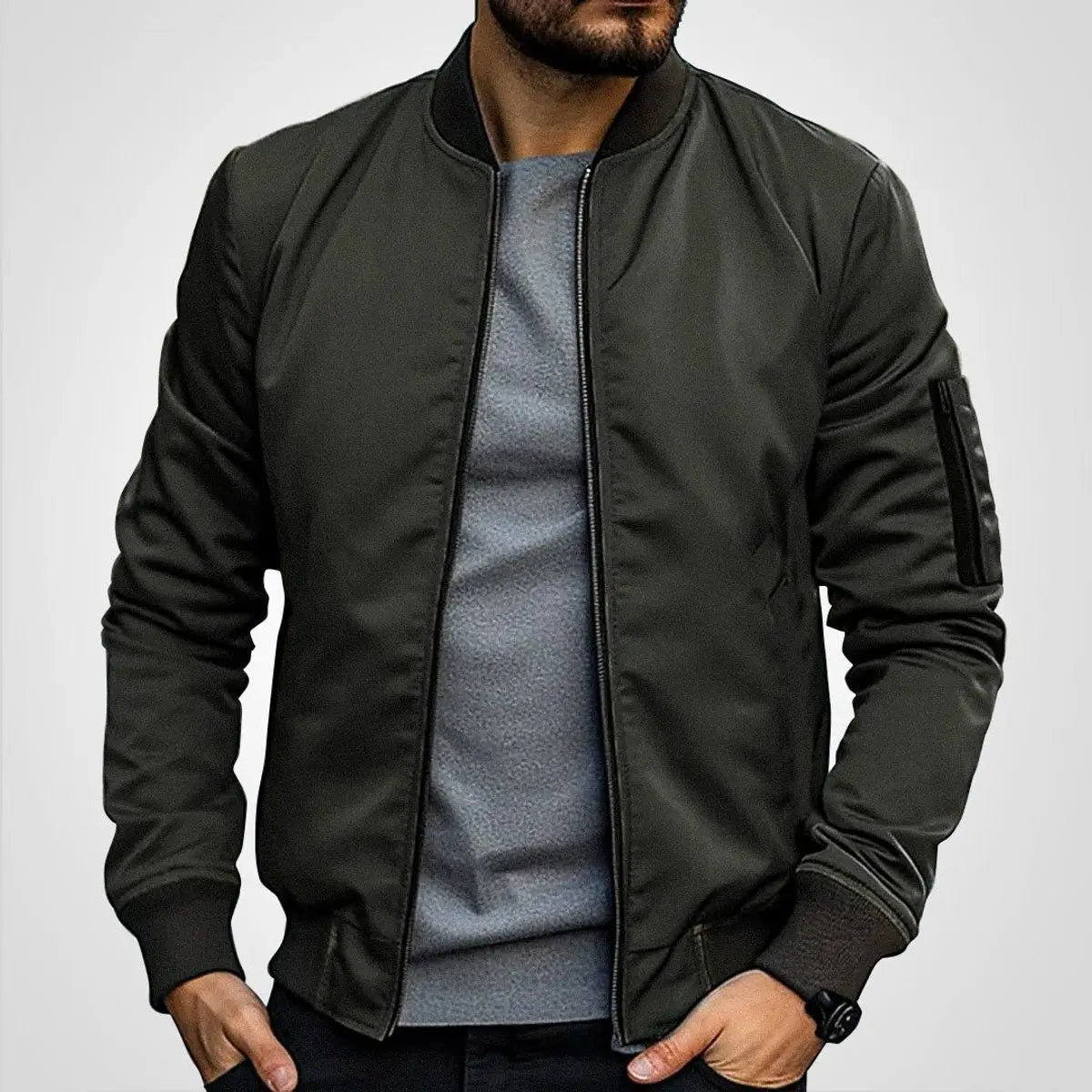 Mens Bomber Jacket Classic Zip-Up Ribbed Collar Flight Jacket