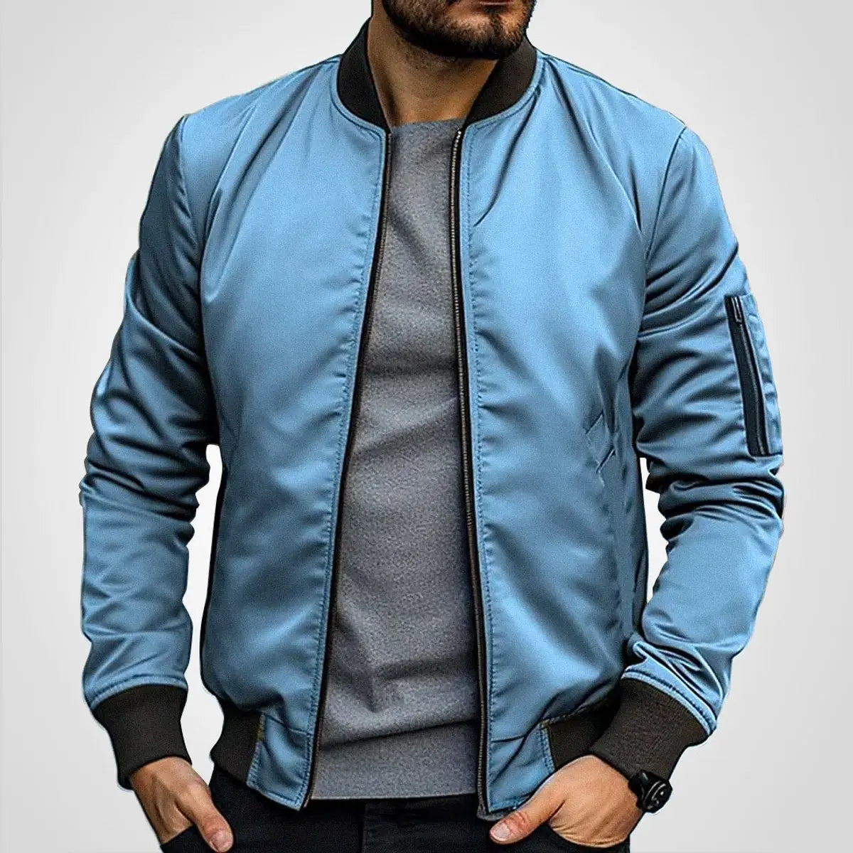 Mens Bomber Jacket Classic Zip-Up Ribbed Collar Flight Jacket