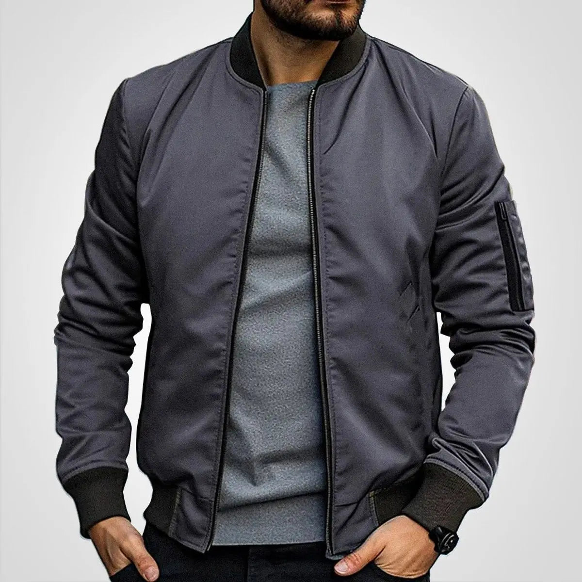 Mens Bomber Jacket Classic Zip-Up Ribbed Collar Flight Jacket