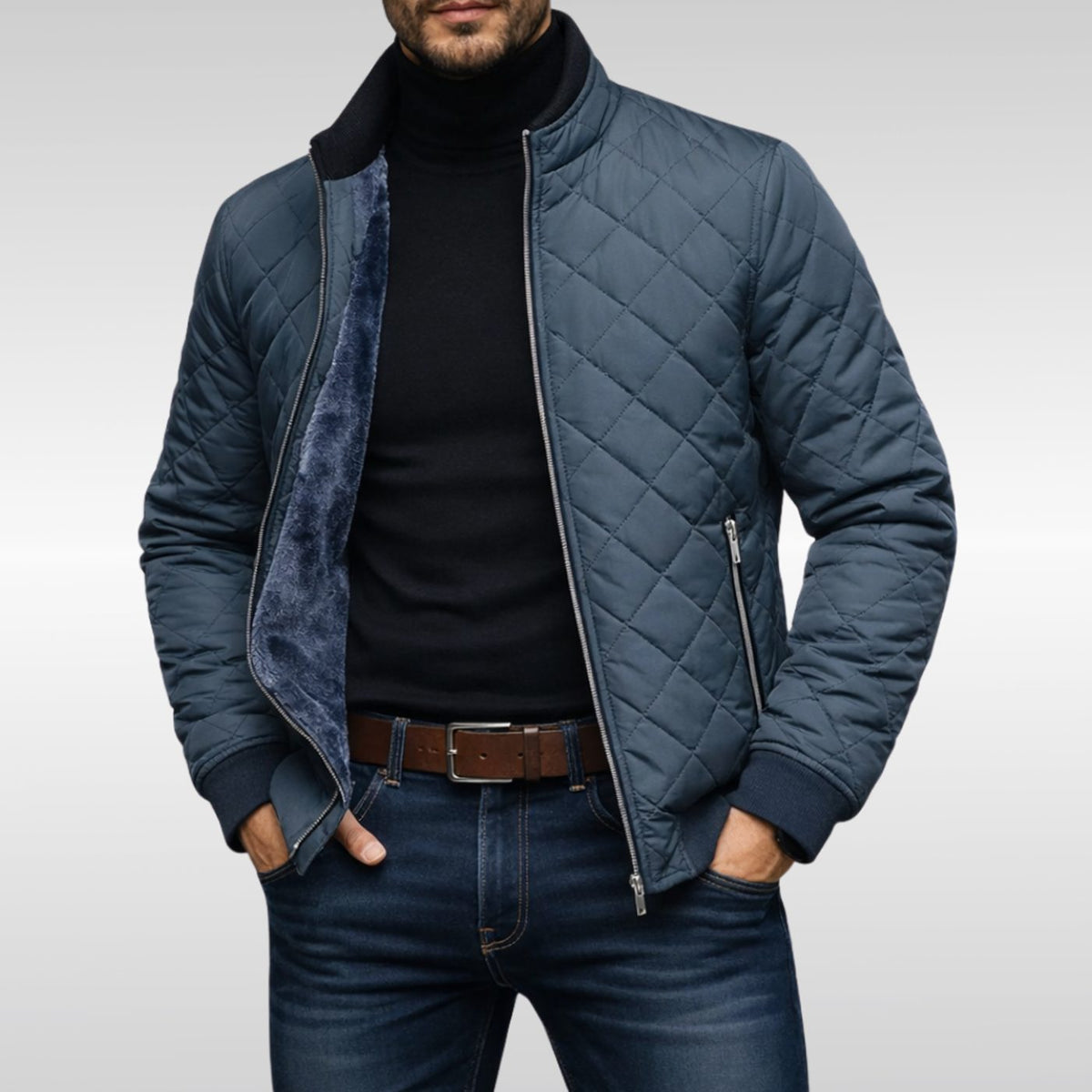 Men's Diamond-Quilted Fleece-Lined Zip-Up Winter Jacket