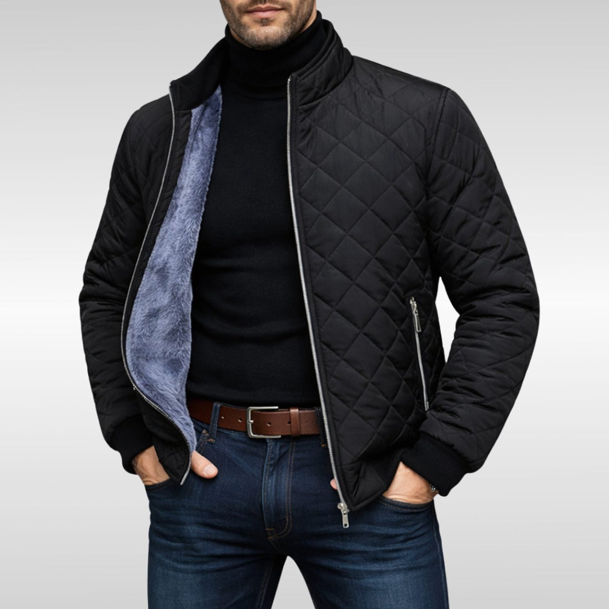 Men's Diamond-Quilted Fleece-Lined Zip-Up Winter Jacket