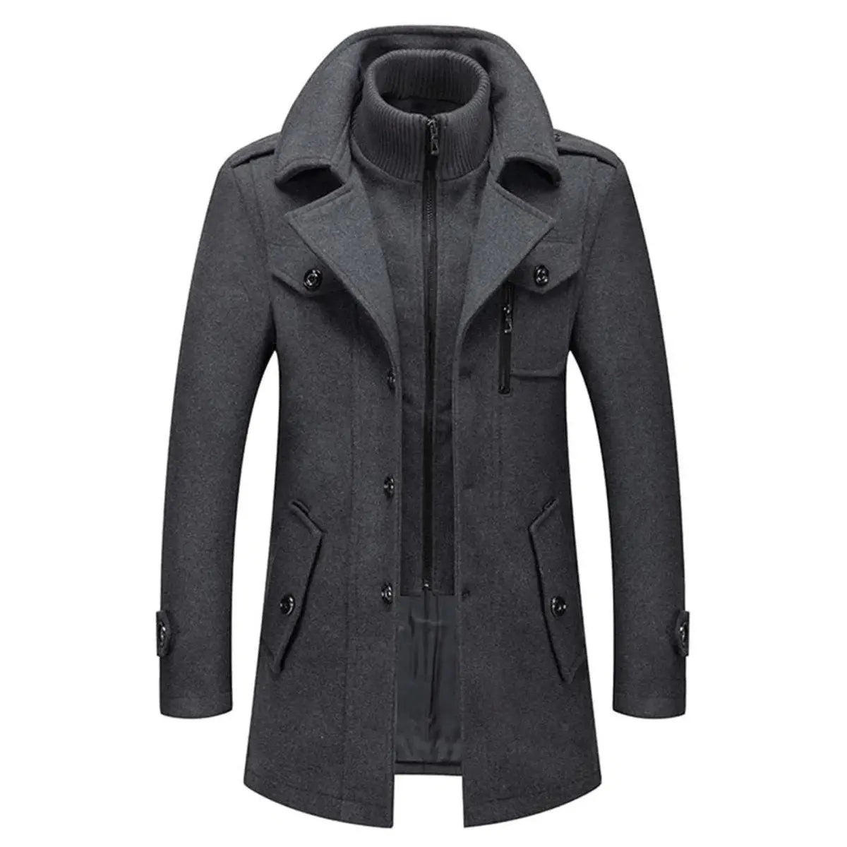 Men's Double-Layer Wool Blend Winter Coat Knit Collar