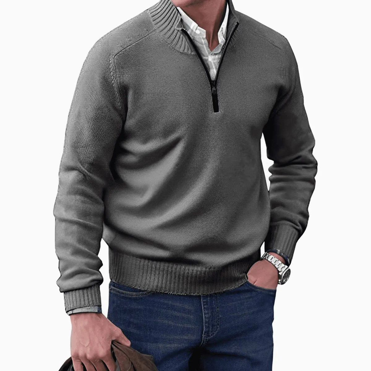Men's Knitted Half-Zip Pullover Jumper Ribbed Collar