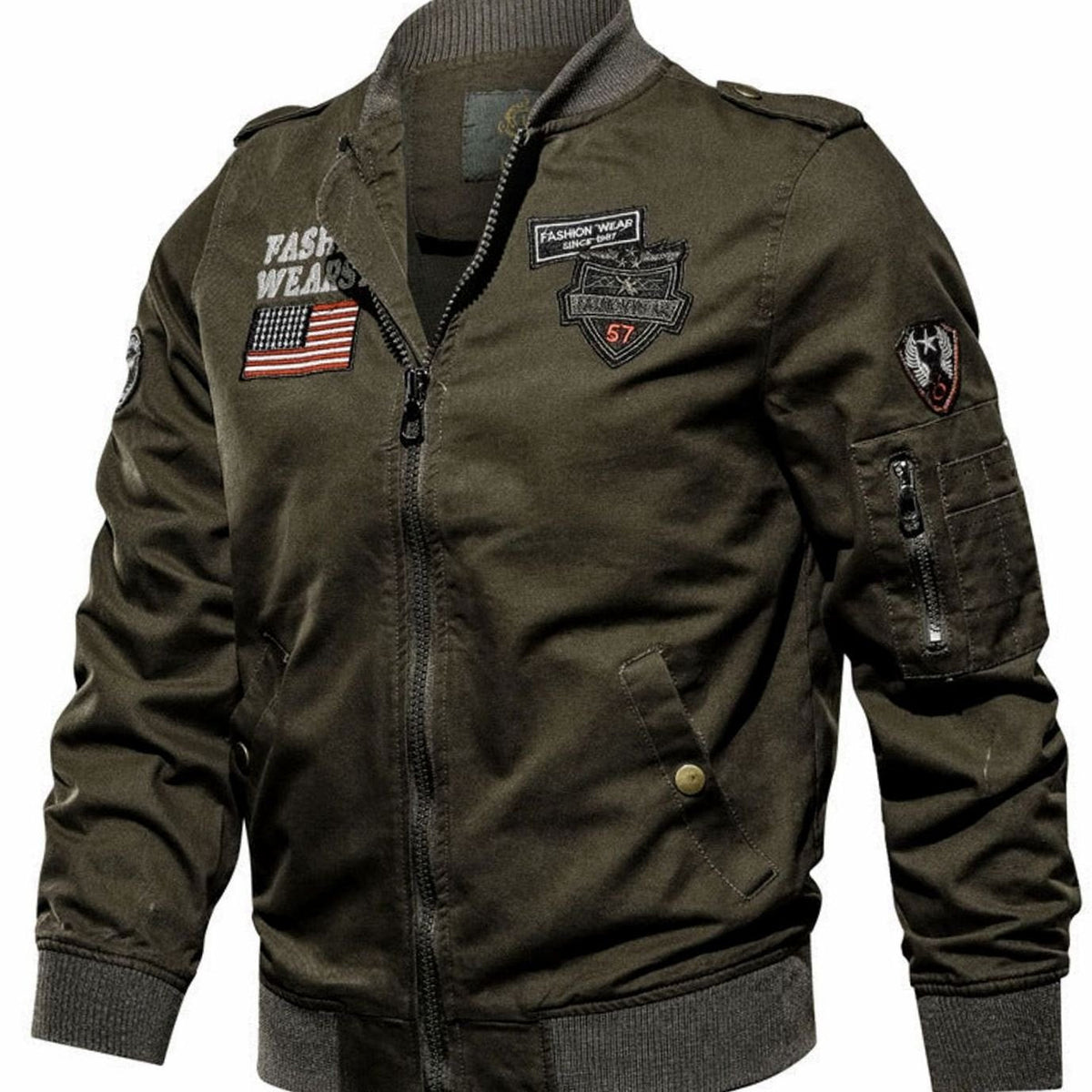 Men's Military-Patch Zip-Up Bomber Jacket