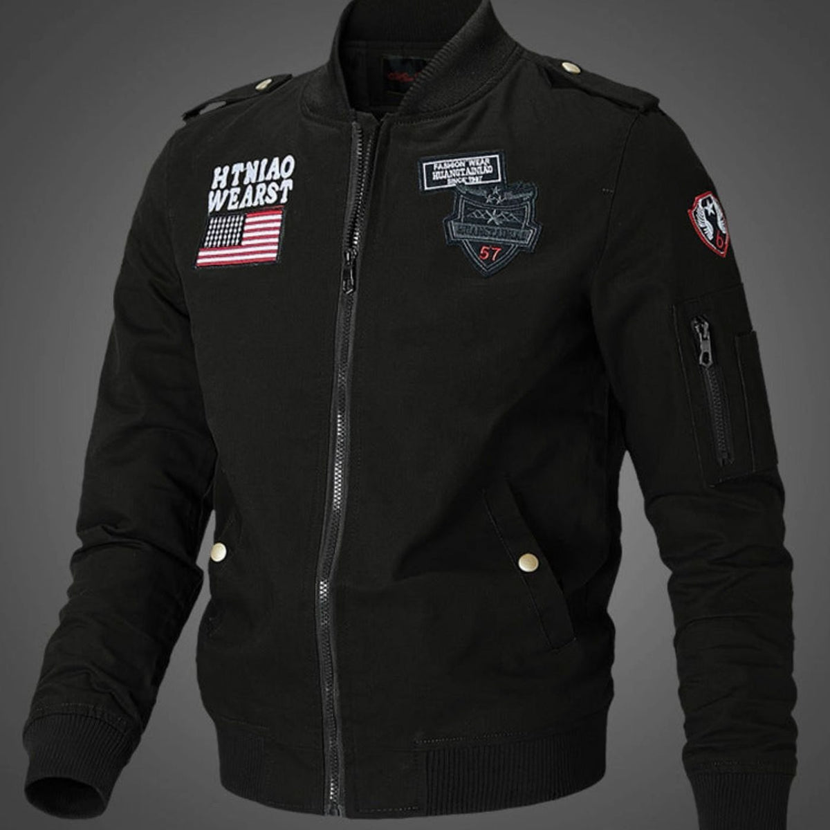 Men's Military Patch Zip-Up Bomber Jacket