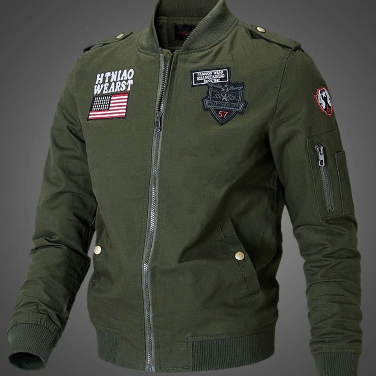 Men's Military Patch Zip-Up Bomber Jacket