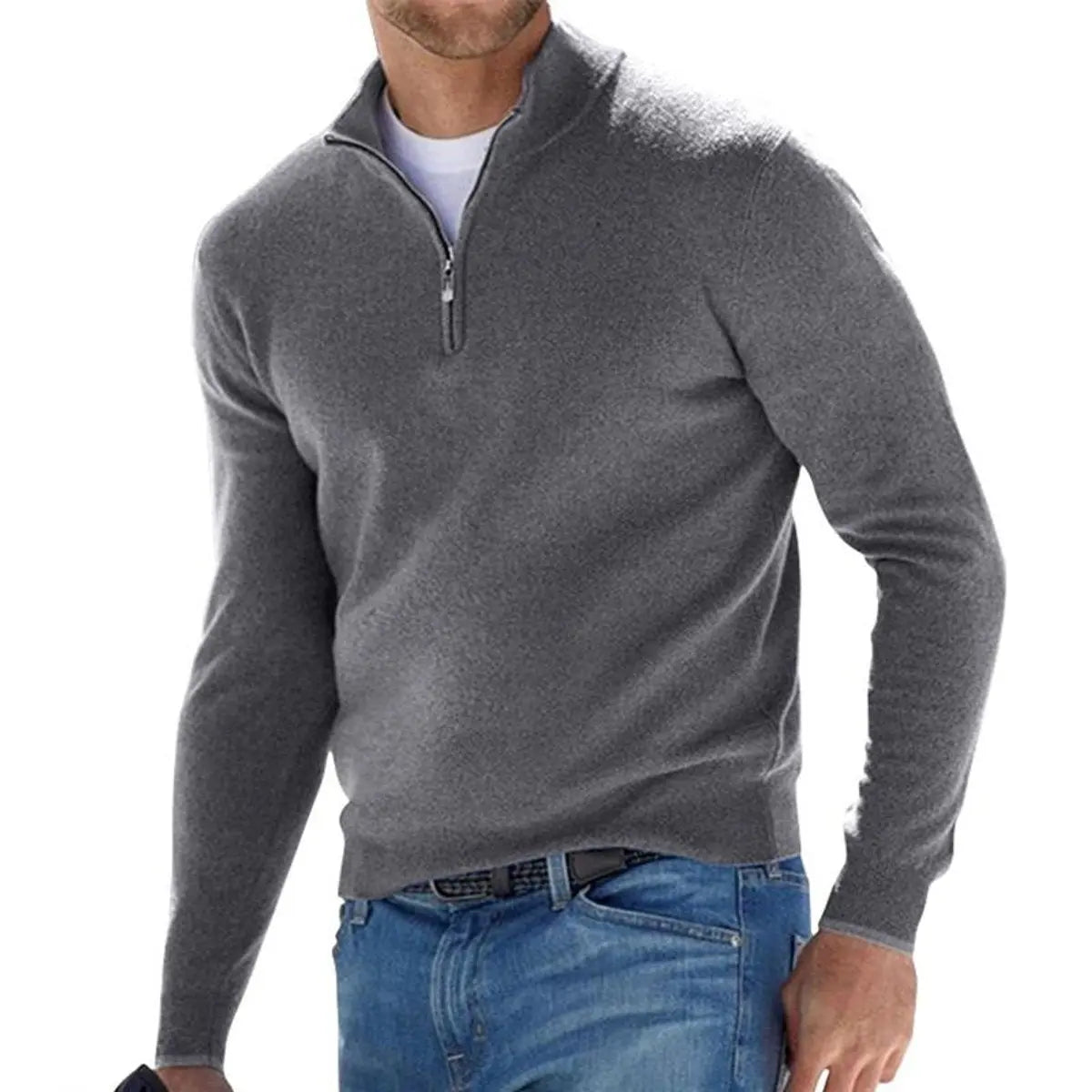 Men's Quarter-Zip Knit Sweater Ribbed Half-Zip Pullover Jumper