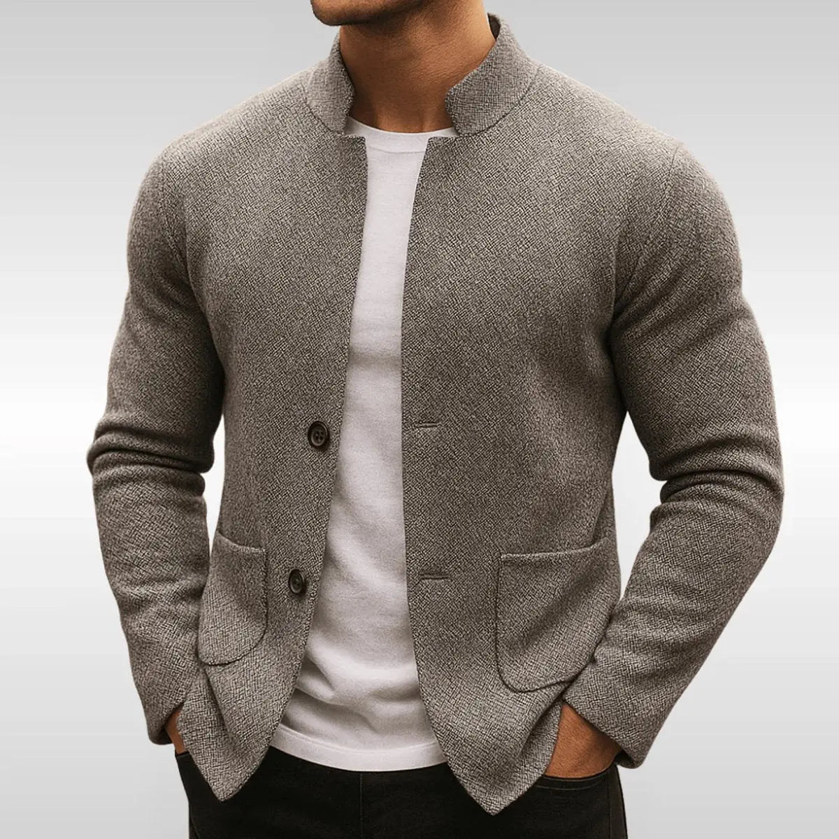 Men's Quilted Jacket Knit Texture Mandarin Collar Button Blazer