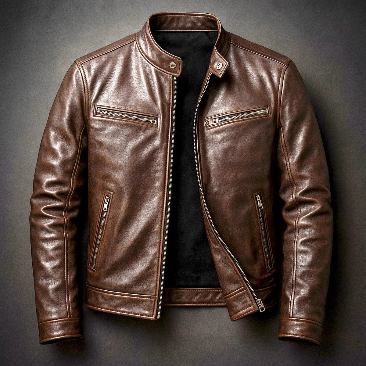 Mens Quilted Jacket Vintage Biker Leather Look Zip-Up Coat