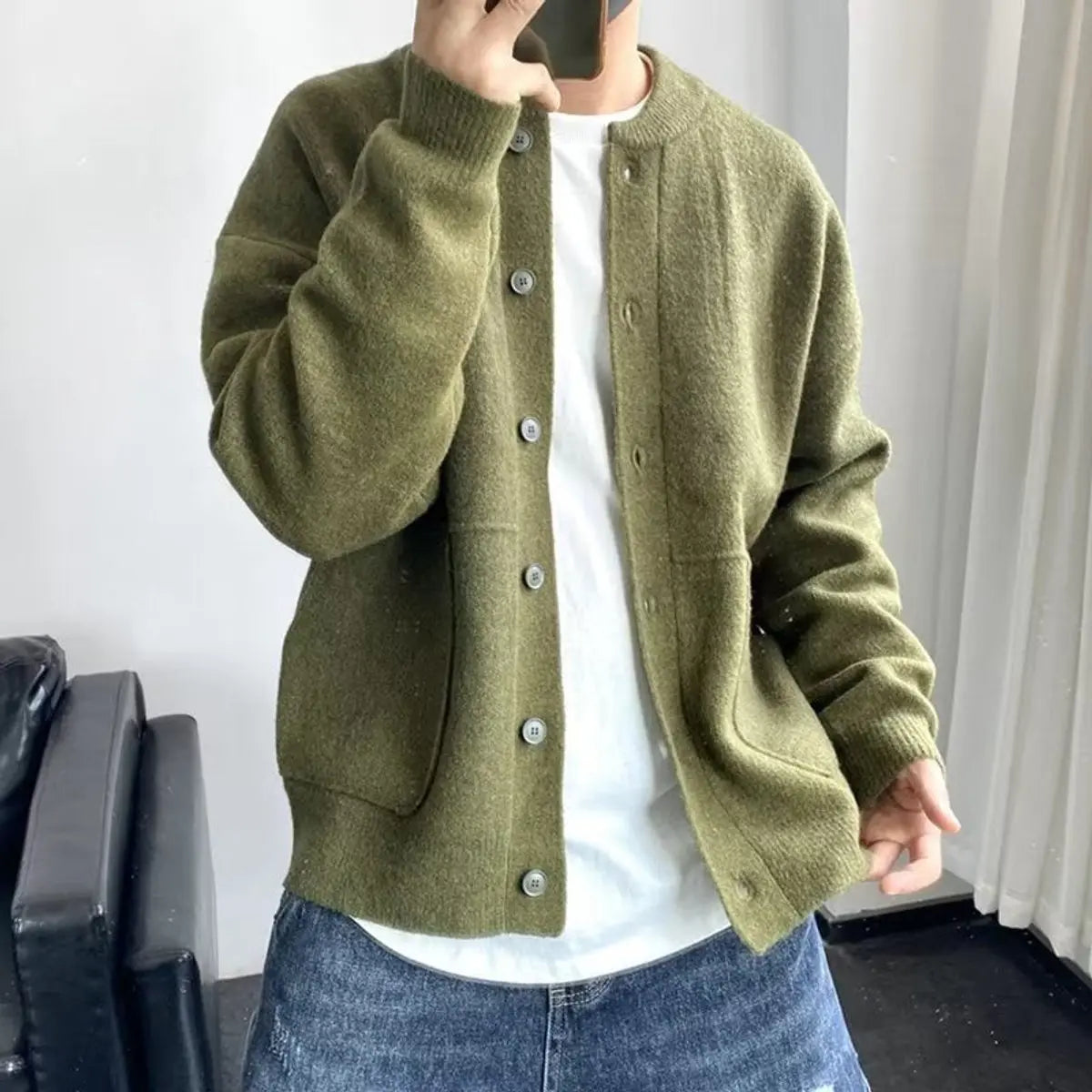 Mens Relaxed Fit Button-Up Knit Cardigan