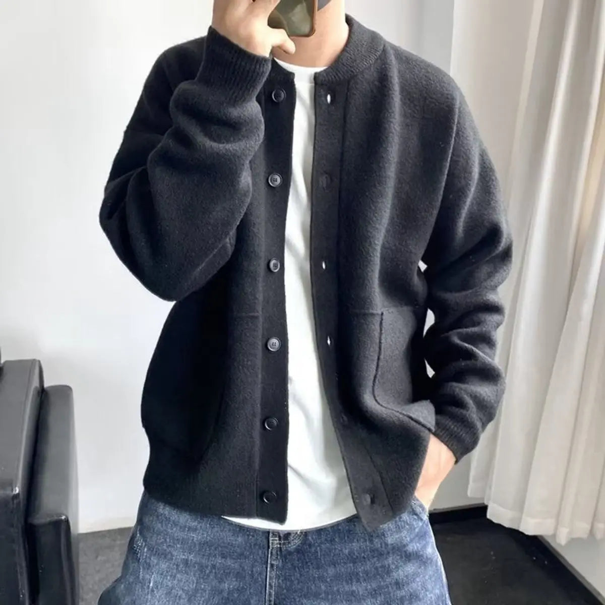 Mens Relaxed Fit Button-Up Knit Cardigan