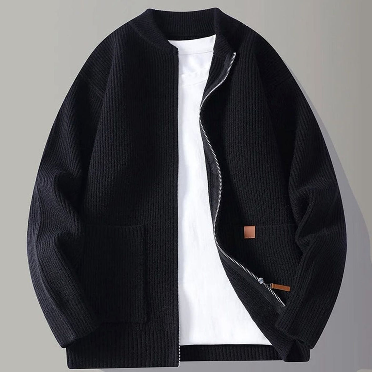 Men's Ribbed Knit Full-Zip Jacket with Front Pockets