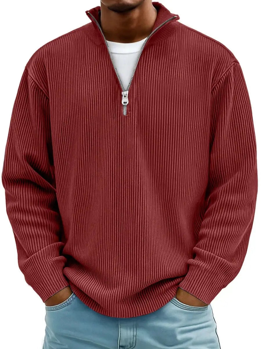 Men's Ribbed Knit Sweater Quarter-Zip Pullover Jumper