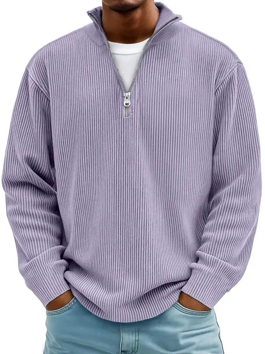 Men's Ribbed Knit Sweater Quarter-Zip Pullover Jumper