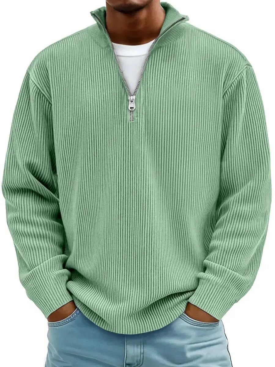 Men's Ribbed Knit Sweater Quarter-Zip Pullover Jumper