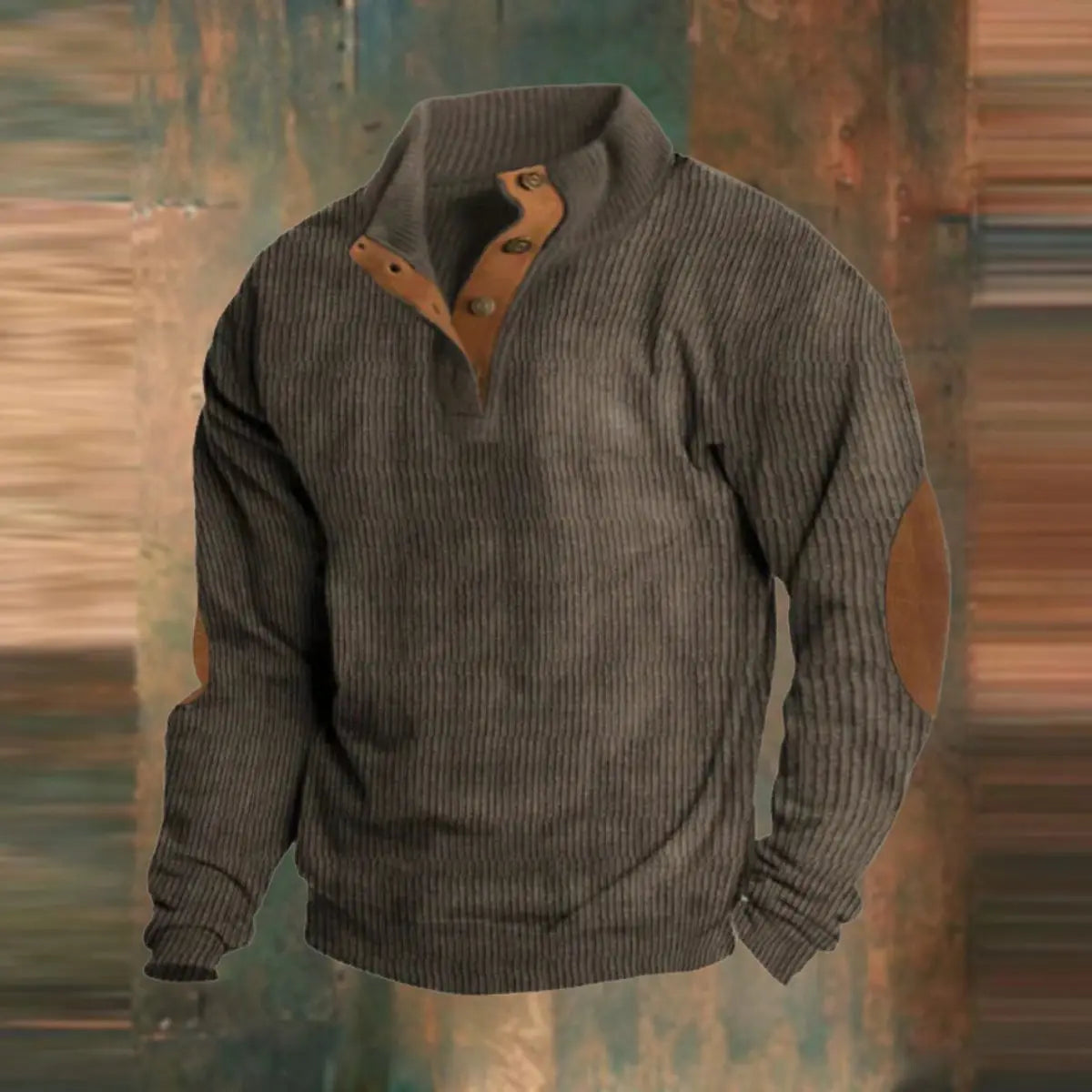 Men's Ribbed Knit Sweater Retro Quarter-Snap Pullover Elbow Patch