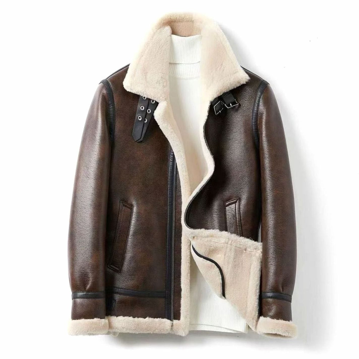 Men's Shearling-Lined Leather-Finish Aviator Jacket