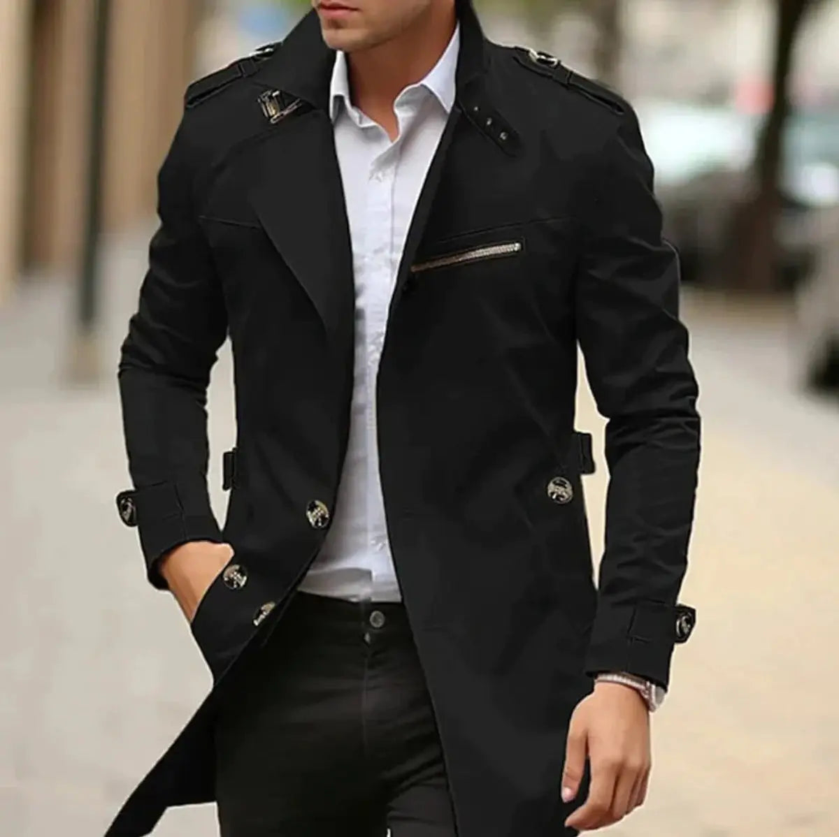 Men's Slim-Fit Belted Trench Mens Wool Coat Jacket
