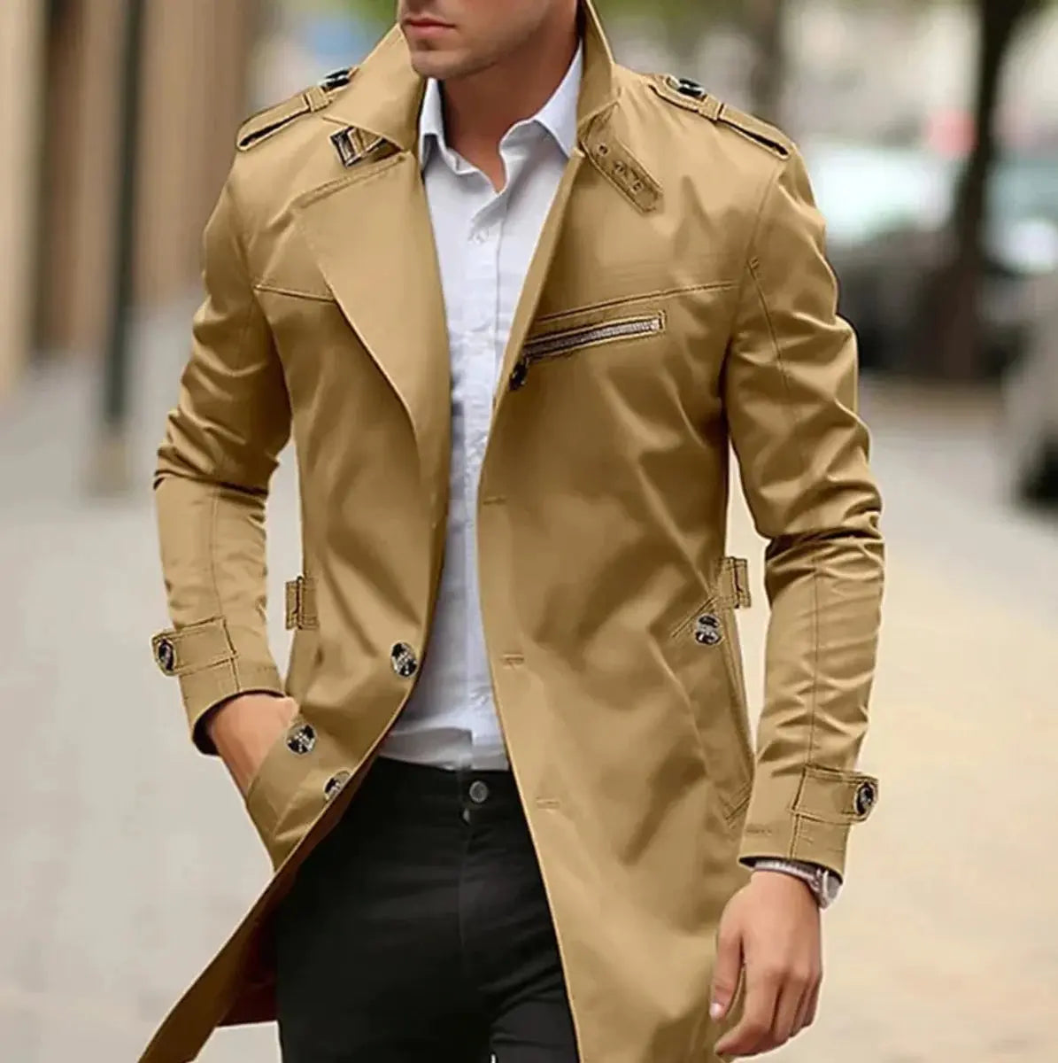 Men's Slim-Fit Belted Trench Mens Wool Coat Jacket