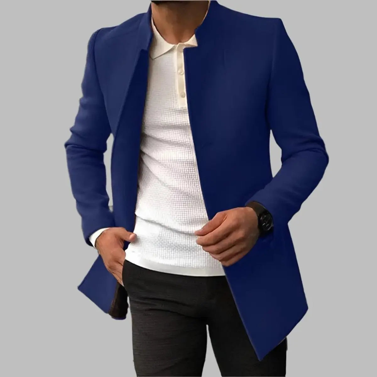 Men's Slim-Fit Collarless Mens Wool Coat Smart Overcoat