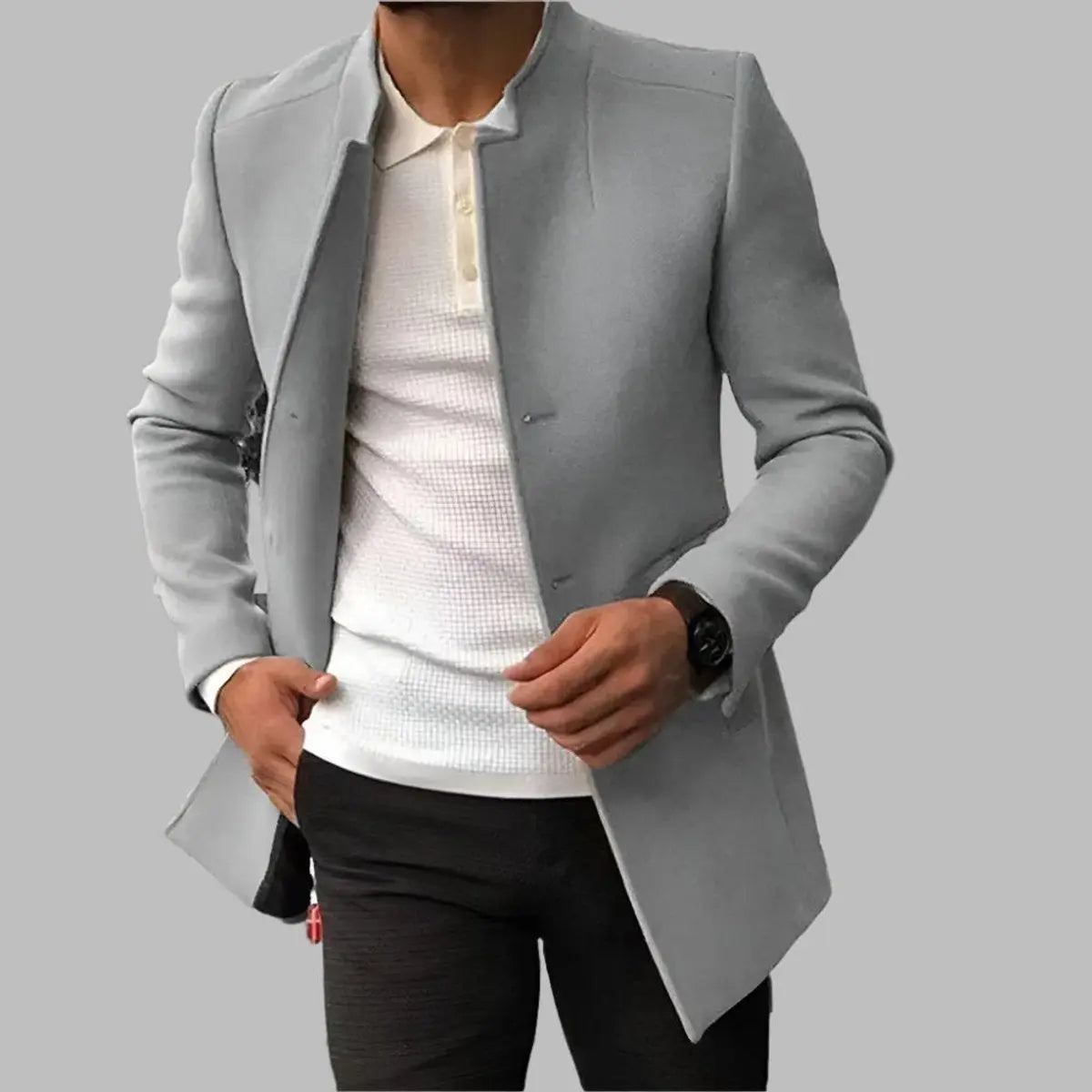 Men's Slim-Fit Collarless Mens Wool Coat Smart Overcoat