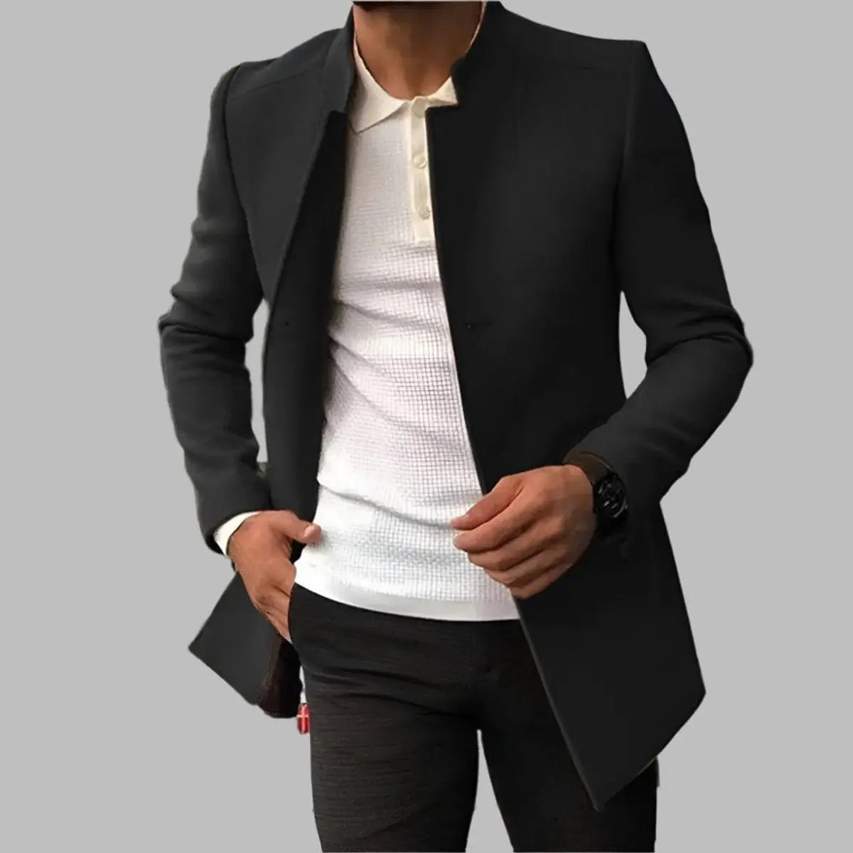 Men's Slim-Fit Collarless Mens Wool Coat Smart Overcoat