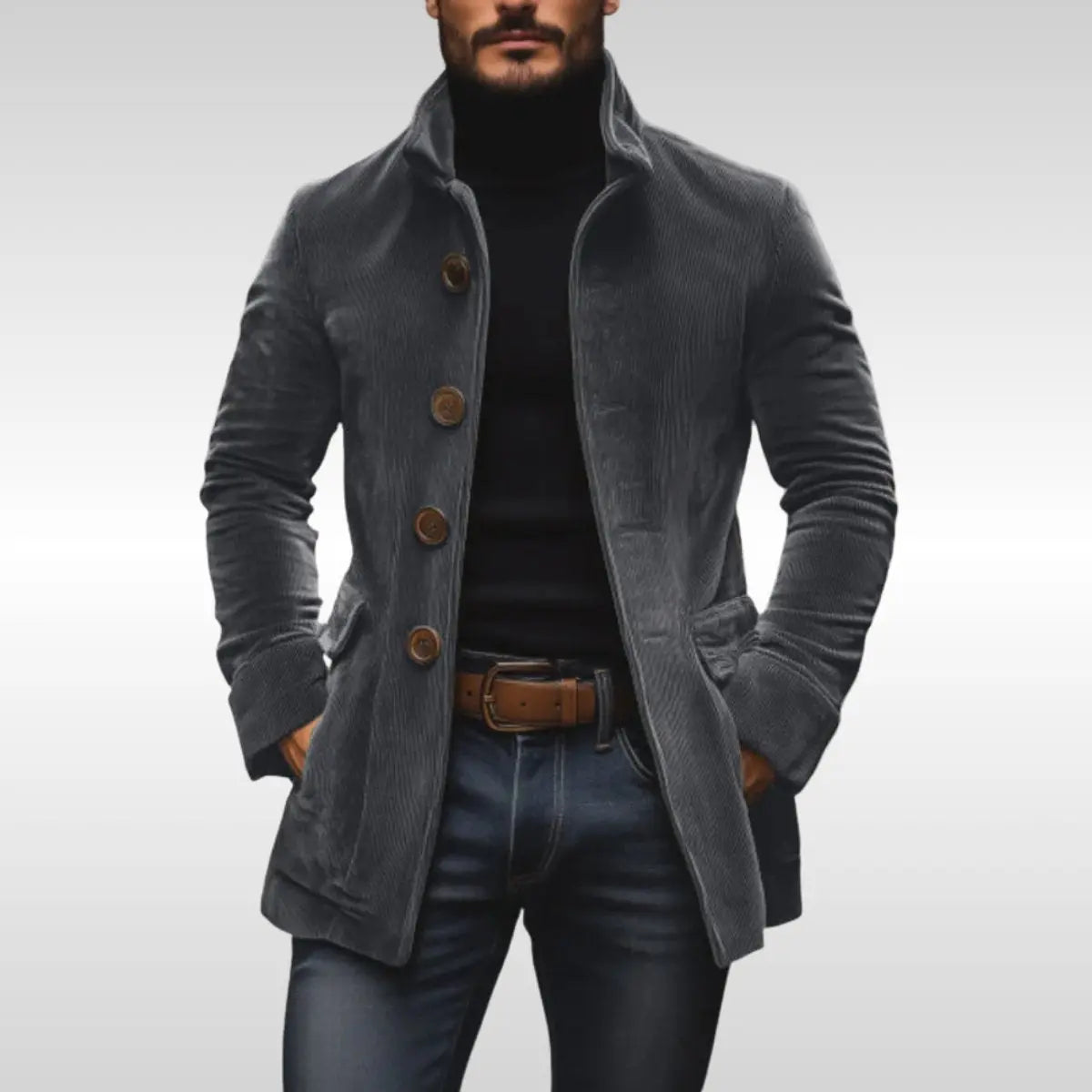 Men's Slim-Fit Corduroy Mens Wool Coat Stand-Collar Button-Up Jacket